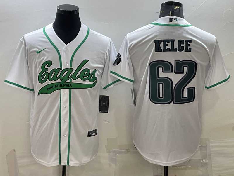 Mens Philadelphia Eagles #62 Jason Kelce White With Patch Cool Base Stitched Baseball Jersey